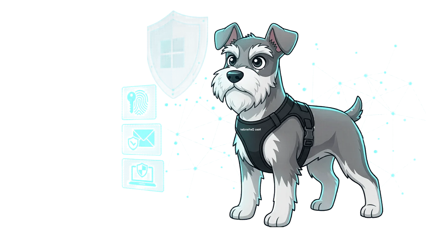 Neo Defender Schnauzer mascot guarding a Microsoft 365 security operations view