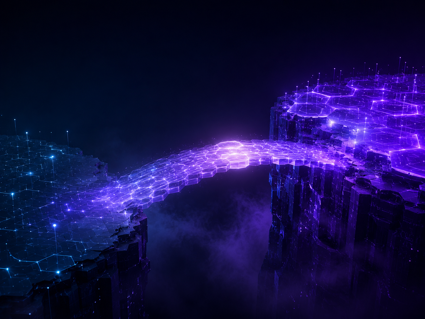Abstract illustration of a luminous bridge spanning a dark void between two elevated platforms, representing the transformation from exposed to governed state